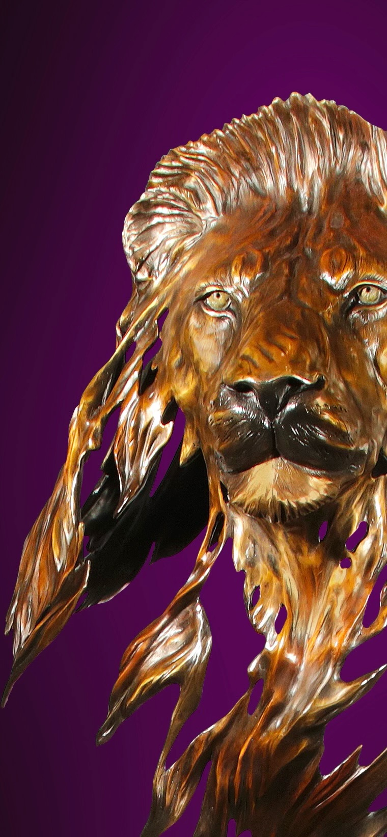 Close-up detail of the Lion of Judah sculpture's face